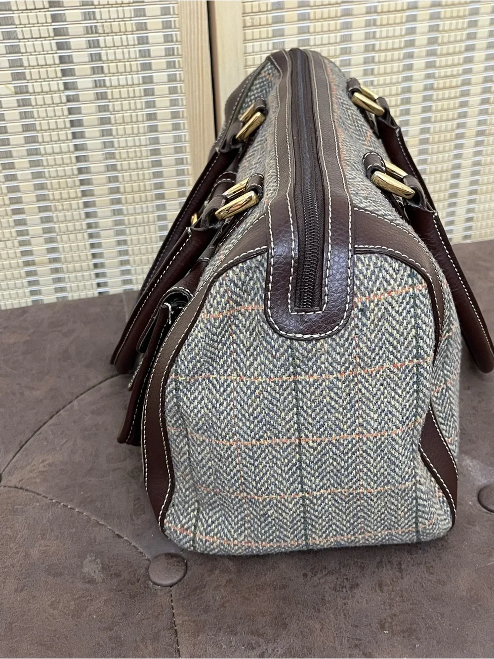 Etienne Aigner Brown Leather & Olive Tweed Satchel